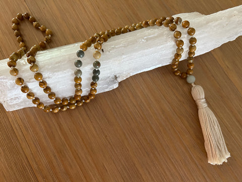 Petrified Wood and Silver Leaf Jasper Mala