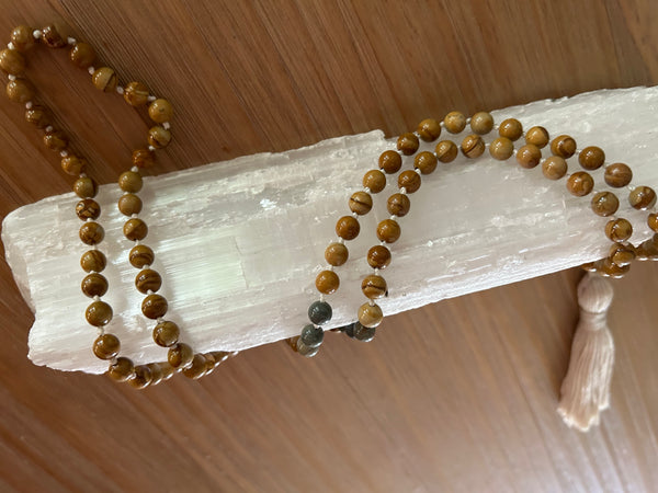 Petrified Wood and Silver Leaf Jasper Mala