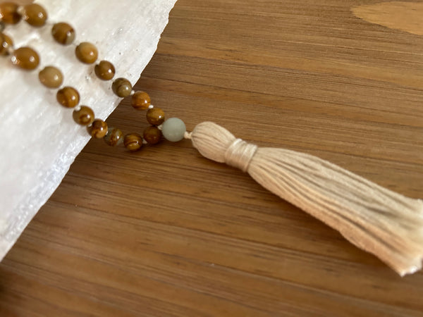Petrified Wood and Silver Leaf Jasper Mala