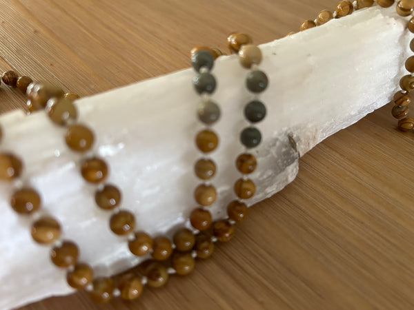 Petrified Wood and Silver Leaf Jasper Mala