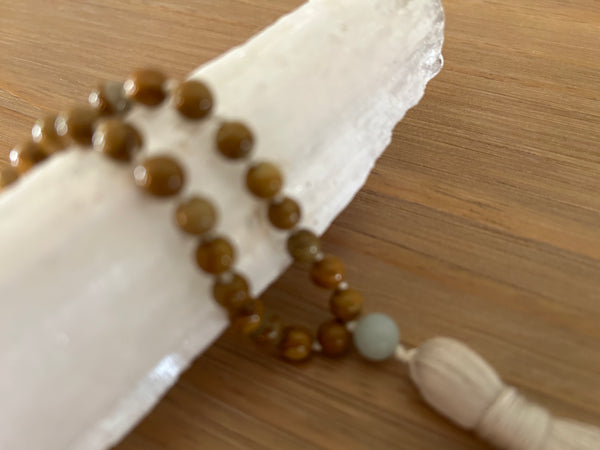 Petrified Wood and Silver Leaf Jasper Mala