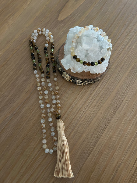 Citrine, Tigers Eye, Peridot Mala