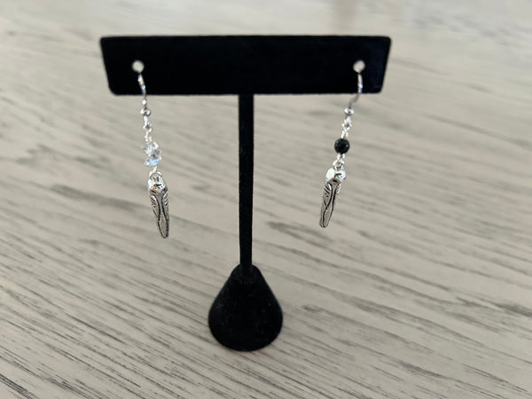 Black Onyx & Herkimer Diamond Owl Dangle Earrings