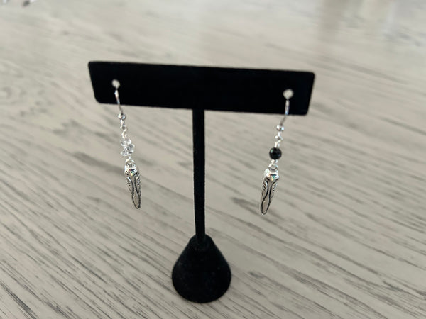 Black Onyx & Herkimer Diamond Owl Dangle Earrings