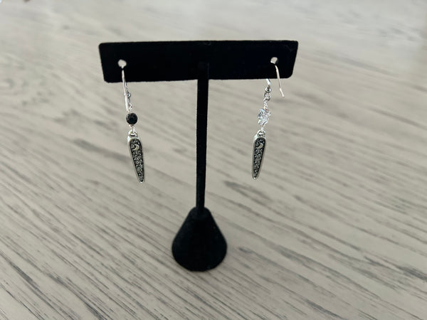 Black Onyx & Herkimer Diamond Owl Dangle Earrings