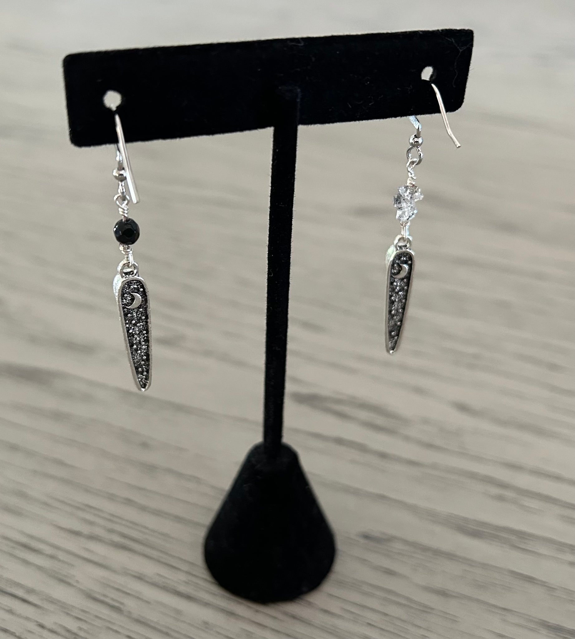 Black Onyx & Herkimer Diamond Owl Dangle Earrings
