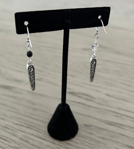 Black Onyx & Herkimer Diamond Owl Dangle Earrings