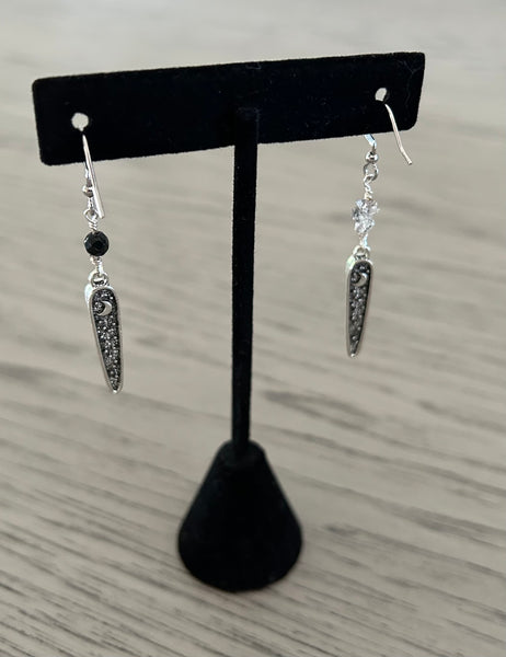 Black Onyx & Herkimer Diamond Owl Dangle Earrings