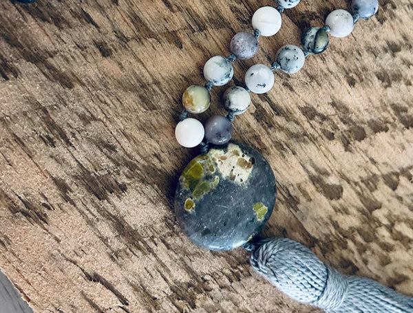 Dendric White Opal (Merlinite) & Ocean Jasper Mala